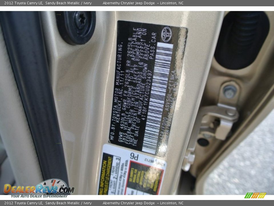 2012 Toyota Camry LE Sandy Beach Metallic / Ivory Photo #7