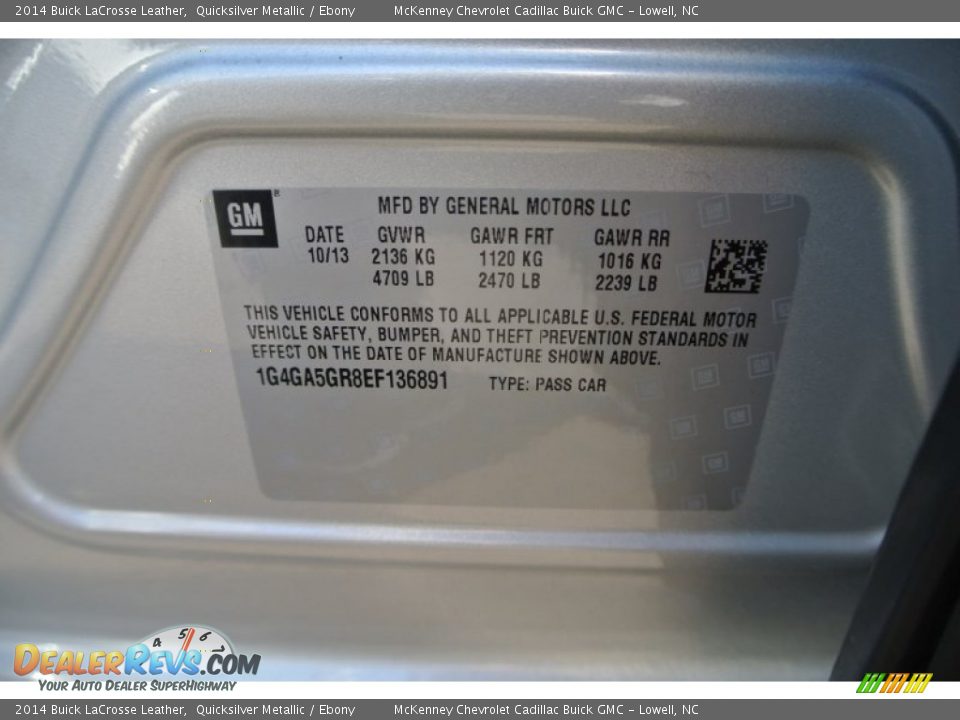 2014 Buick LaCrosse Leather Quicksilver Metallic / Ebony Photo #7