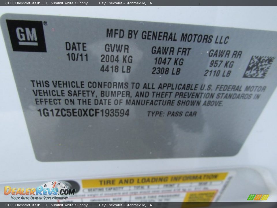 2012 Chevrolet Malibu LT Summit White / Ebony Photo #19