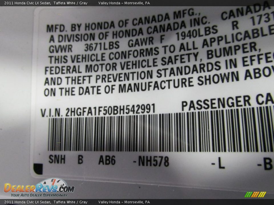 2011 Honda Civic LX Sedan Taffeta White / Gray Photo #14