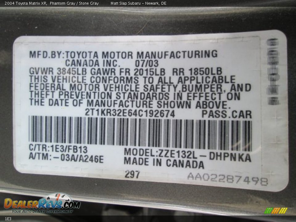 Toyota Color Code 1E3 Phantom Gray