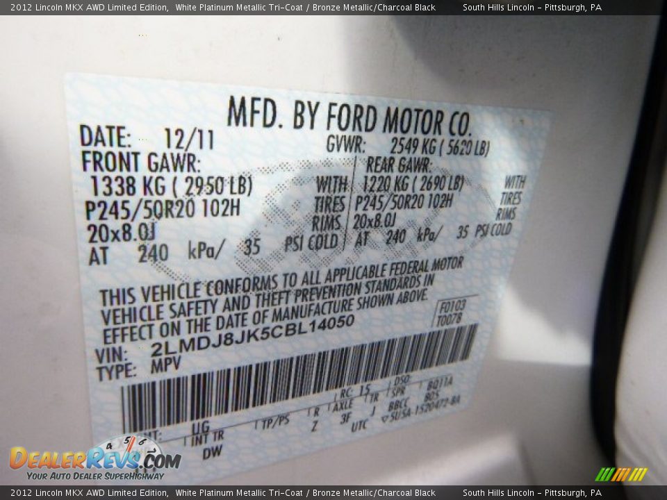 2012 Lincoln MKX AWD Limited Edition White Platinum Metallic Tri-Coat / Bronze Metallic/Charcoal Black Photo #23