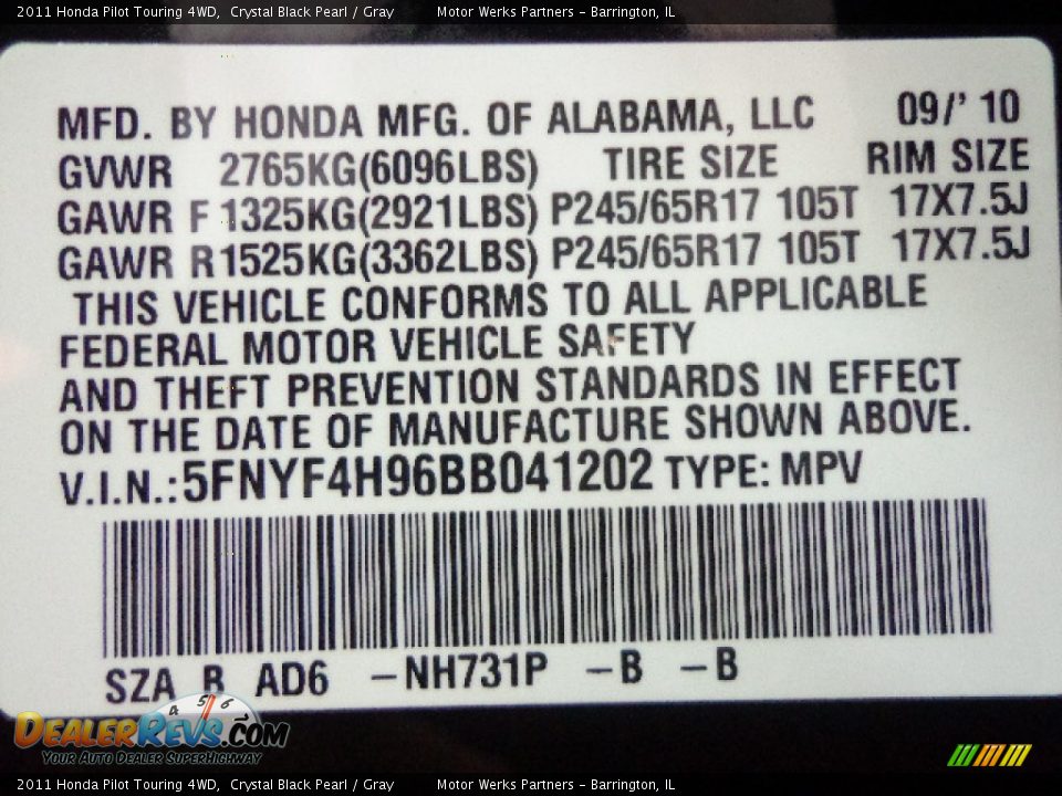 2011 Honda Pilot Touring 4WD Crystal Black Pearl / Gray Photo #19