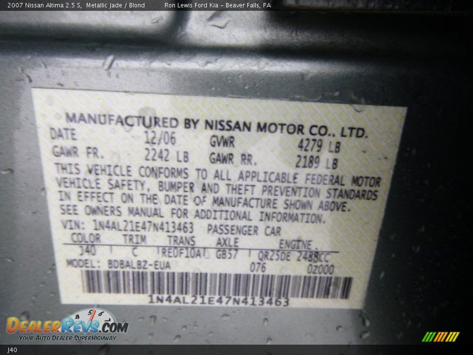 Nissan Color Code J40 Metallic Jade