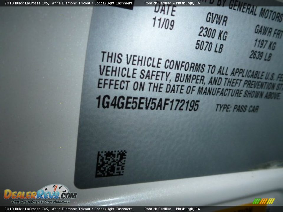 2010 Buick LaCrosse CXS White Diamond Tricoat / Cocoa/Light Cashmere Photo #25