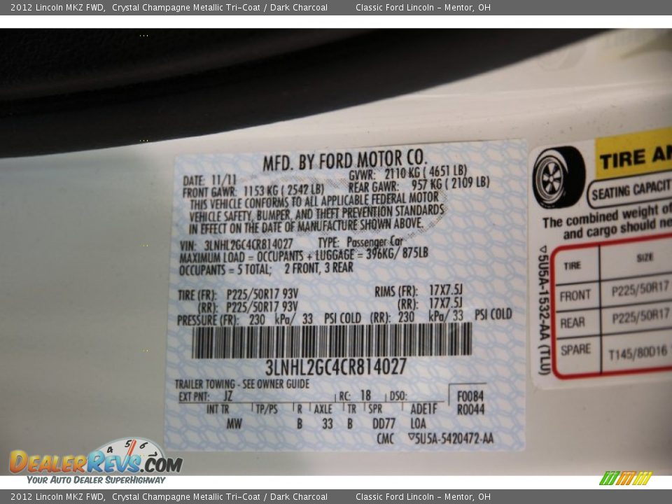 2012 Lincoln MKZ FWD Crystal Champagne Metallic Tri-Coat / Dark Charcoal Photo #25