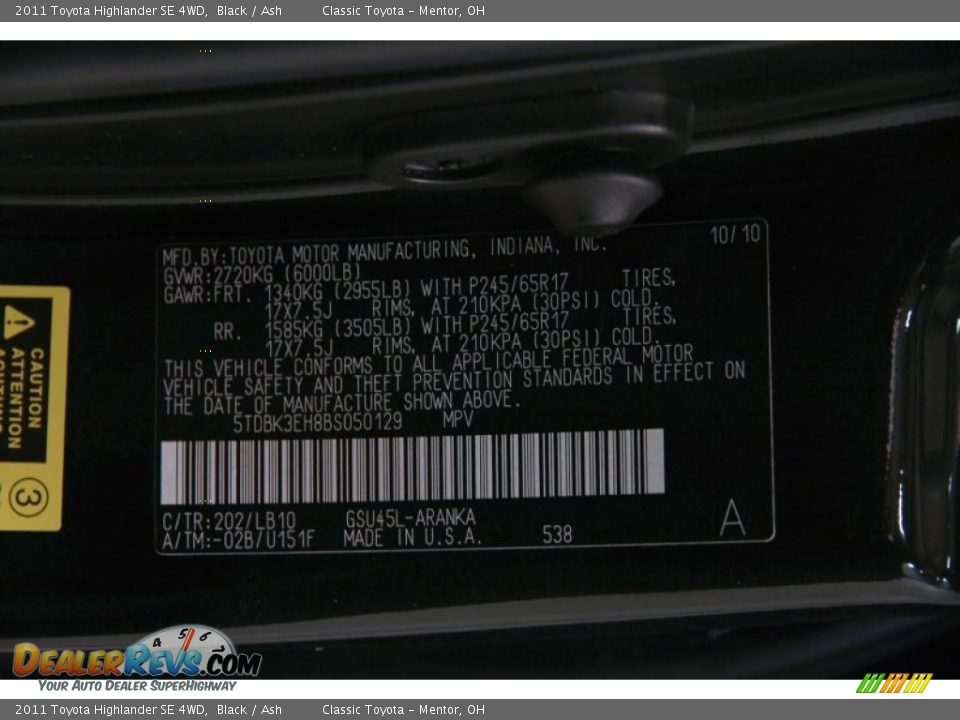 2011 Toyota Highlander SE 4WD Black / Ash Photo #24