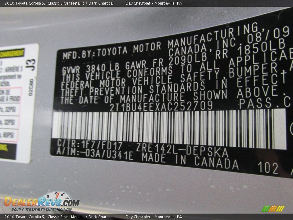 2010 Toyota Corolla S Classic Silver Metallic / Dark Charcoal Photo #19