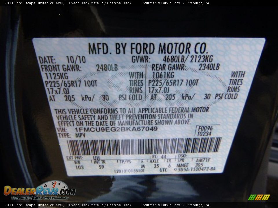 2011 Ford Escape Limited V6 4WD Tuxedo Black Metallic / Charcoal Black Photo #14