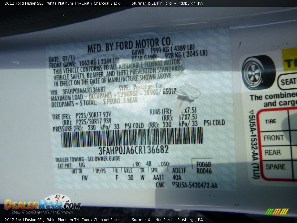 2012 Ford Fusion SEL White Platinum Tri-Coat / Charcoal Black Photo #14