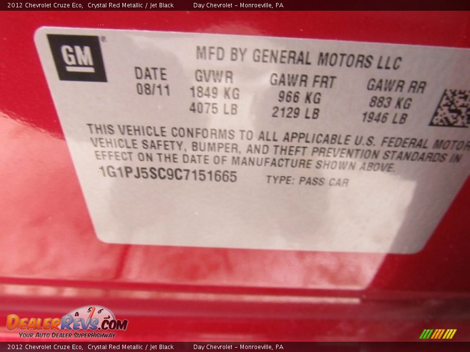 2012 Chevrolet Cruze Eco Crystal Red Metallic / Jet Black Photo #19