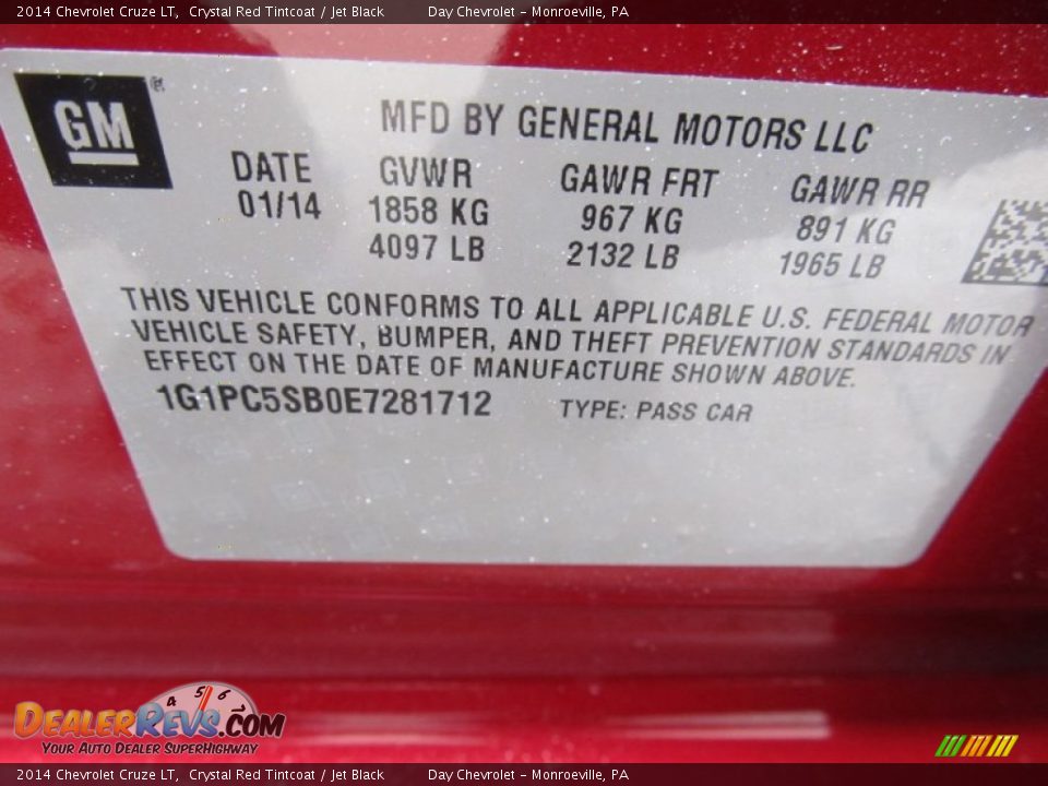 2014 Chevrolet Cruze LT Crystal Red Tintcoat / Jet Black Photo #19