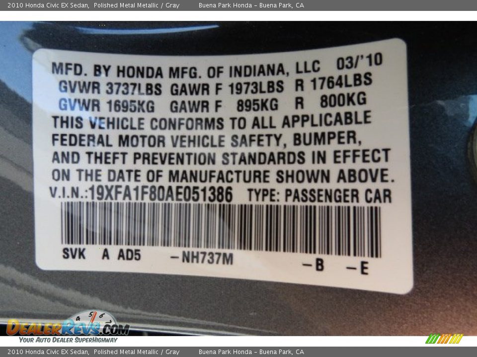 2010 Honda Civic EX Sedan Polished Metal Metallic / Gray Photo #9