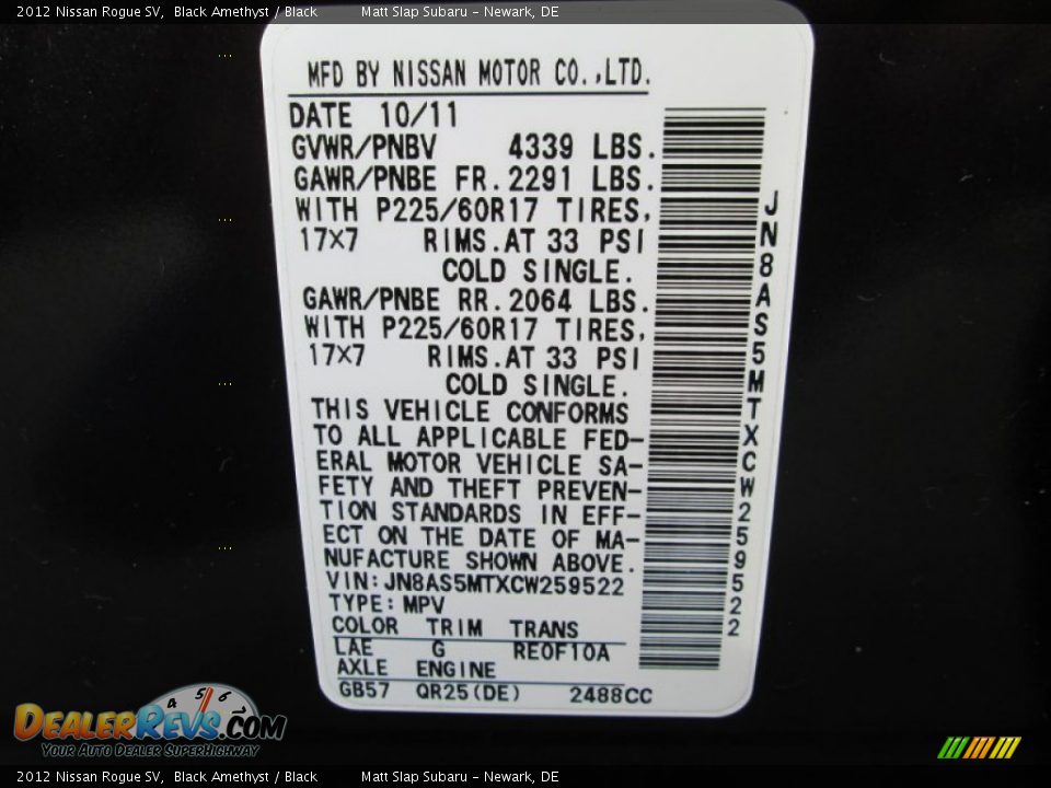 2012 Nissan Rogue SV Black Amethyst / Black Photo #28