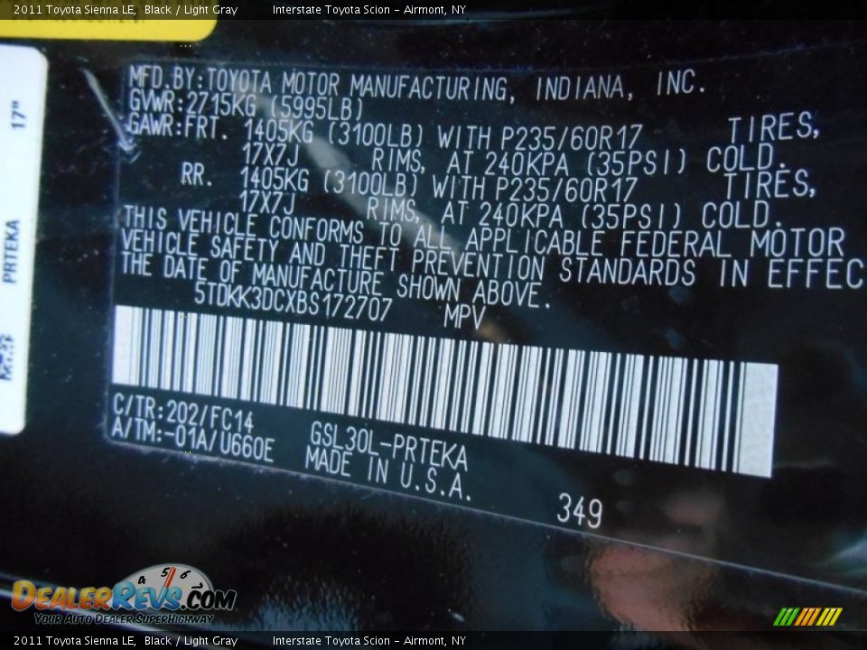 2011 Toyota Sienna LE Black / Light Gray Photo #25