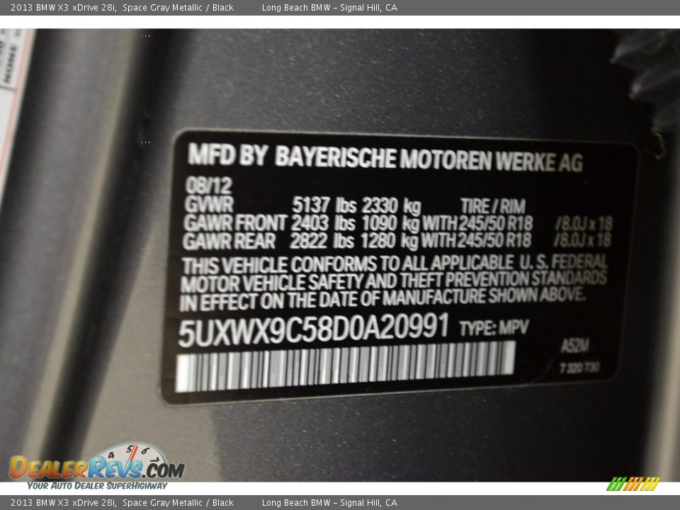 2013 BMW X3 xDrive 28i Space Gray Metallic / Black Photo #11
