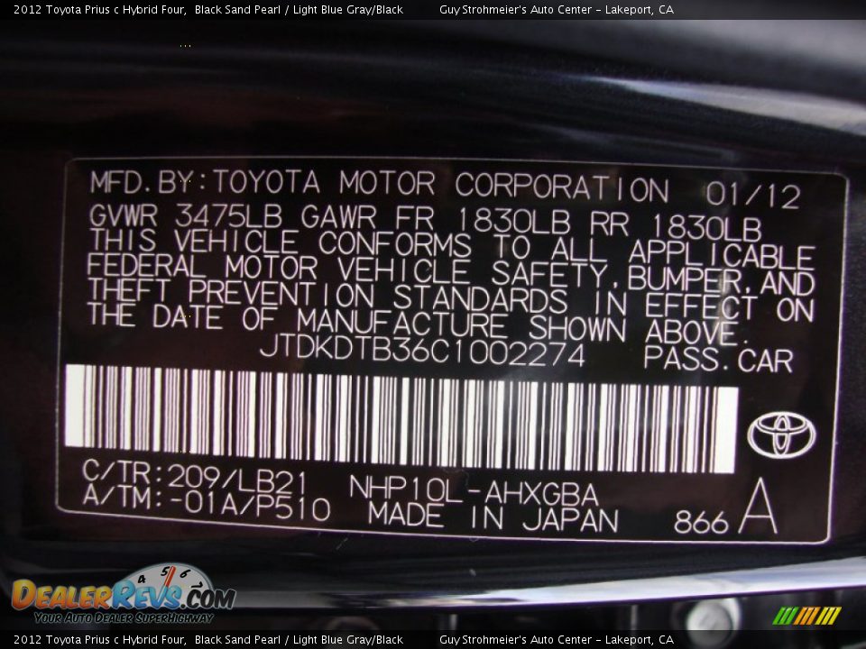 2012 Toyota Prius c Hybrid Four Black Sand Pearl / Light Blue Gray/Black Photo #25