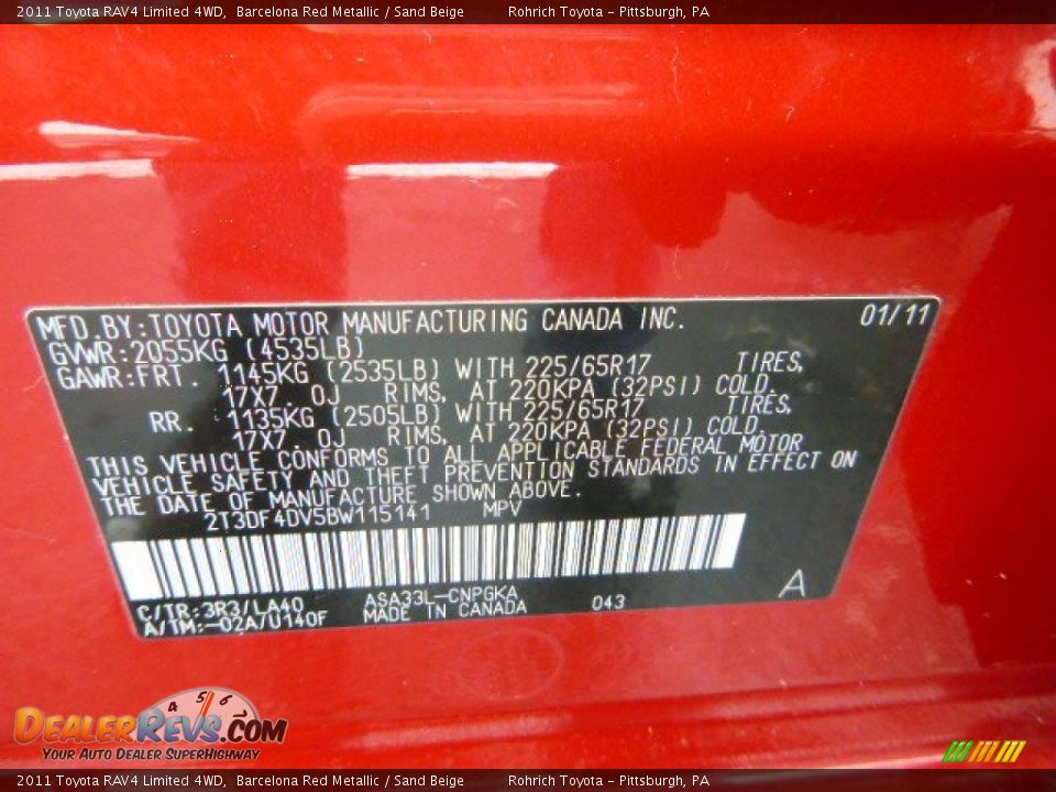 2011 Toyota RAV4 Limited 4WD Barcelona Red Metallic / Sand Beige Photo #25