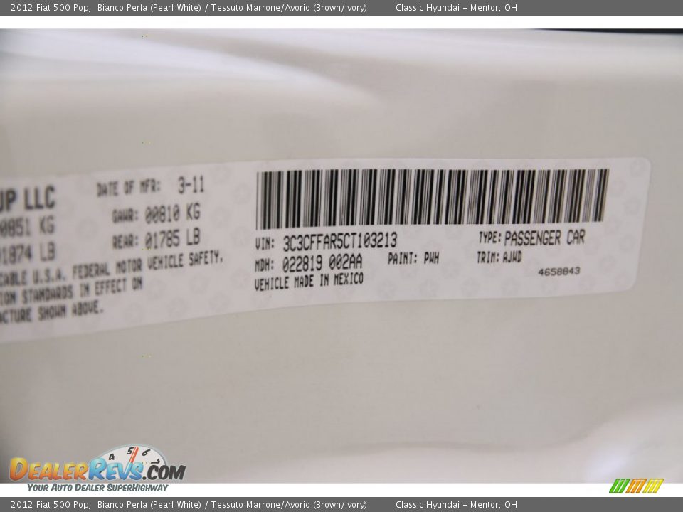 2012 Fiat 500 Pop Bianco Perla (Pearl White) / Tessuto Marrone/Avorio (Brown/Ivory) Photo #17