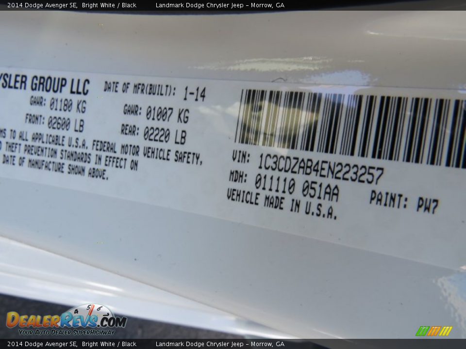 2014 Dodge Avenger SE Bright White / Black Photo #10
