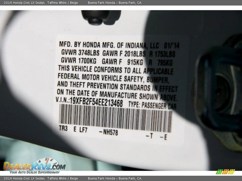 2014 Honda Civic LX Sedan Taffeta White / Beige Photo #20