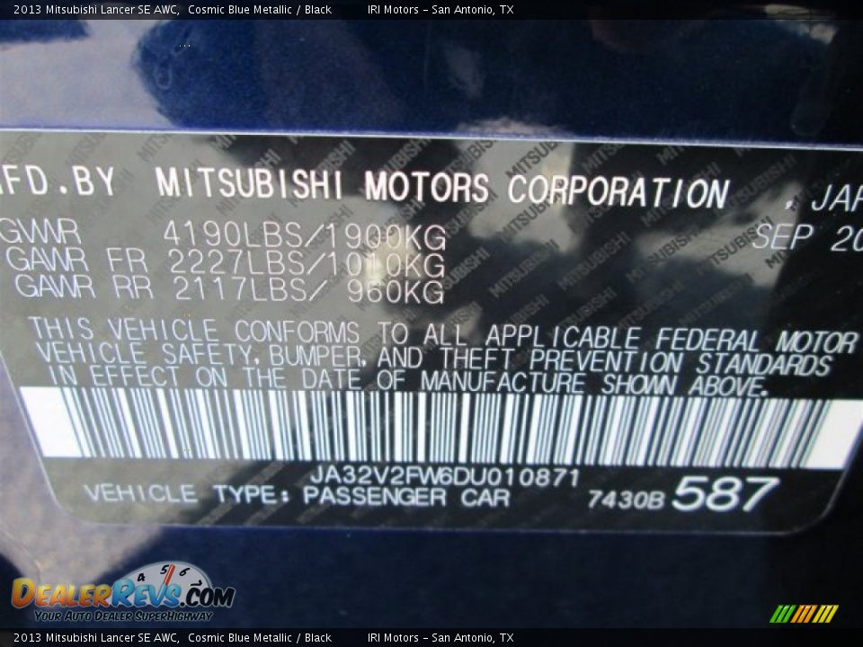 2013 Mitsubishi Lancer SE AWC Cosmic Blue Metallic / Black Photo #13