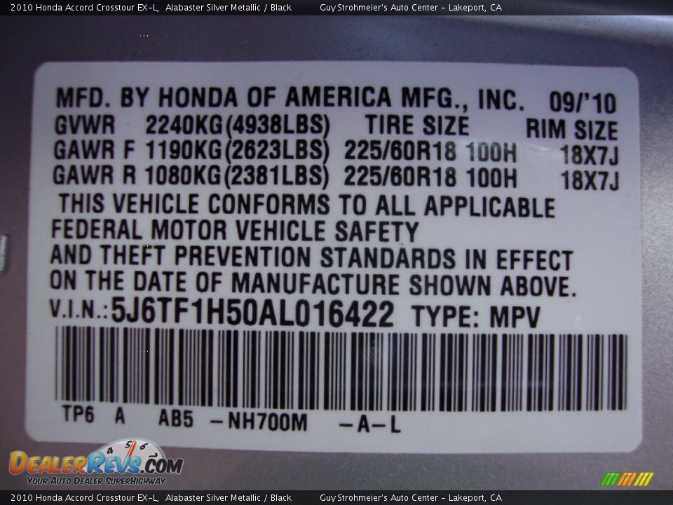2010 Honda Accord Crosstour EX-L Alabaster Silver Metallic / Black Photo #26