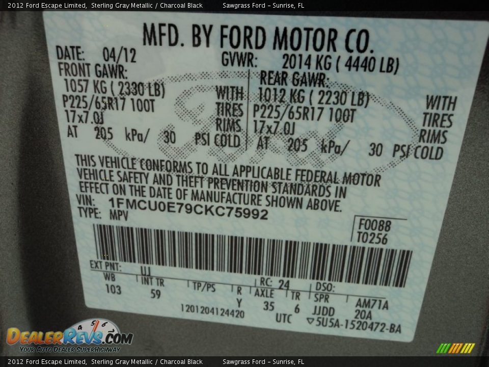2012 Ford Escape Limited Sterling Gray Metallic / Charcoal Black Photo #33