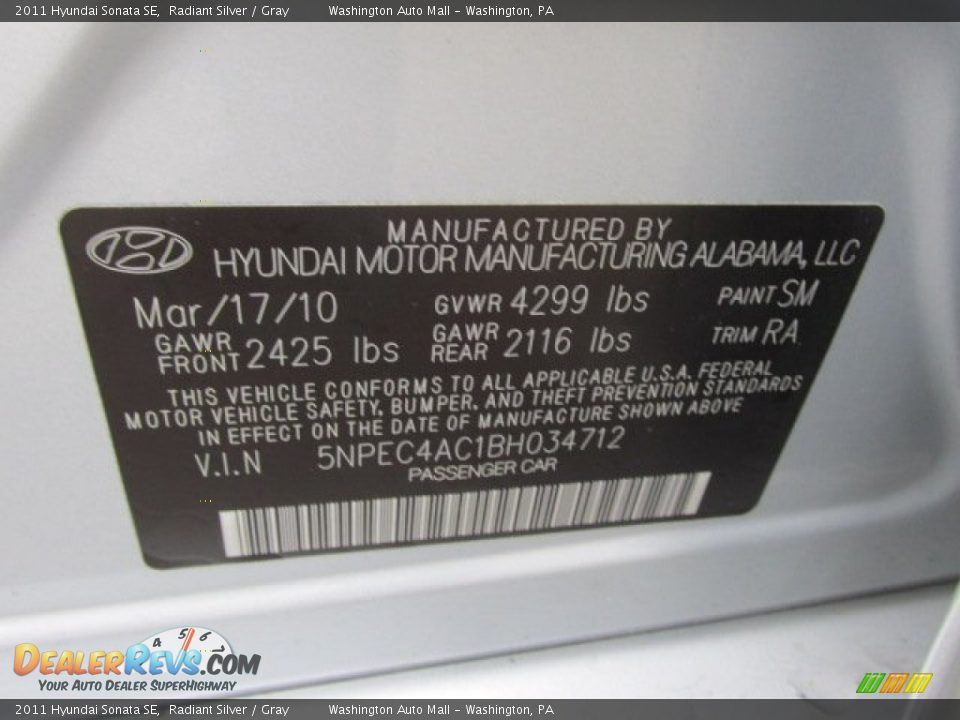 2011 Hyundai Sonata SE Radiant Silver / Gray Photo #19
