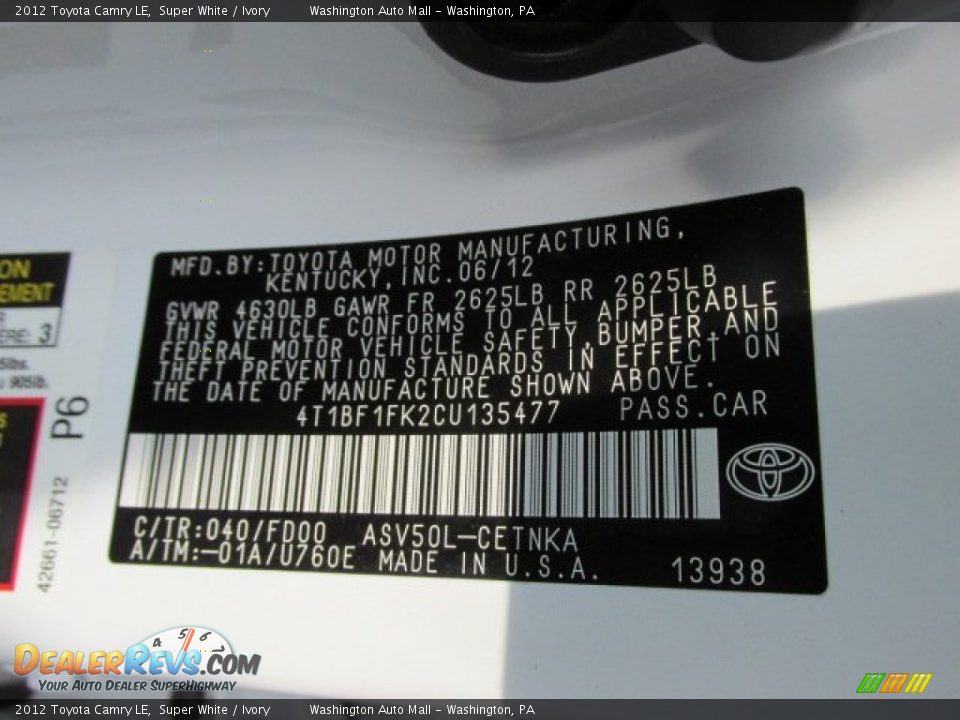 2012 Toyota Camry LE Super White / Ivory Photo #19
