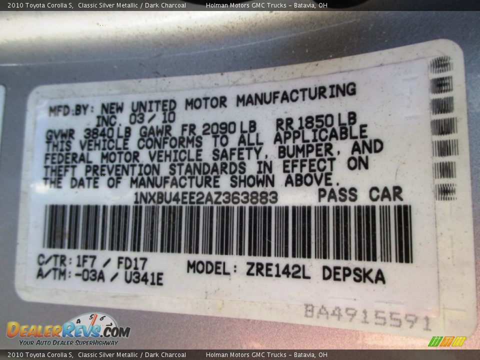 2010 Toyota Corolla S Classic Silver Metallic / Dark Charcoal Photo #5