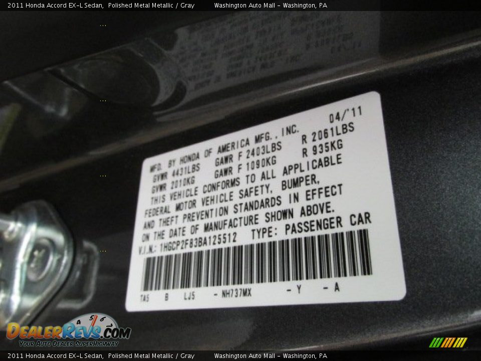 2011 Honda Accord EX-L Sedan Polished Metal Metallic / Gray Photo #19