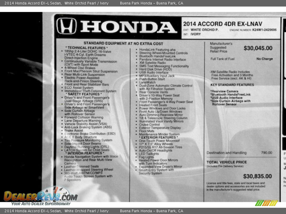 2014 Honda Accord EX-L Sedan White Orchid Pearl / Ivory Photo #20