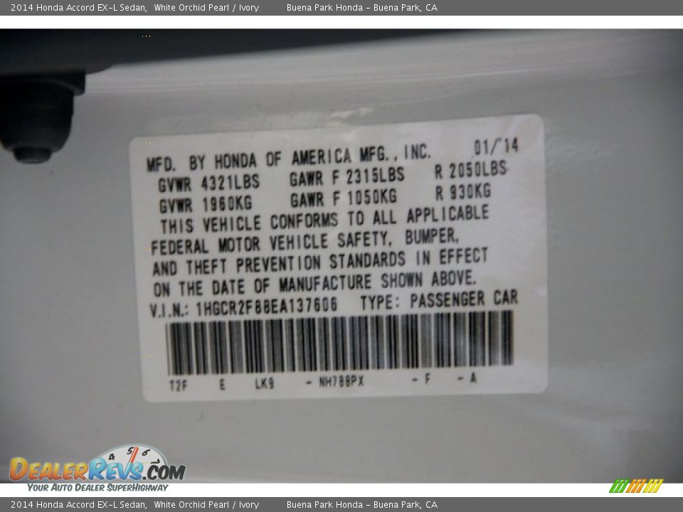 2014 Honda Accord EX-L Sedan White Orchid Pearl / Ivory Photo #22