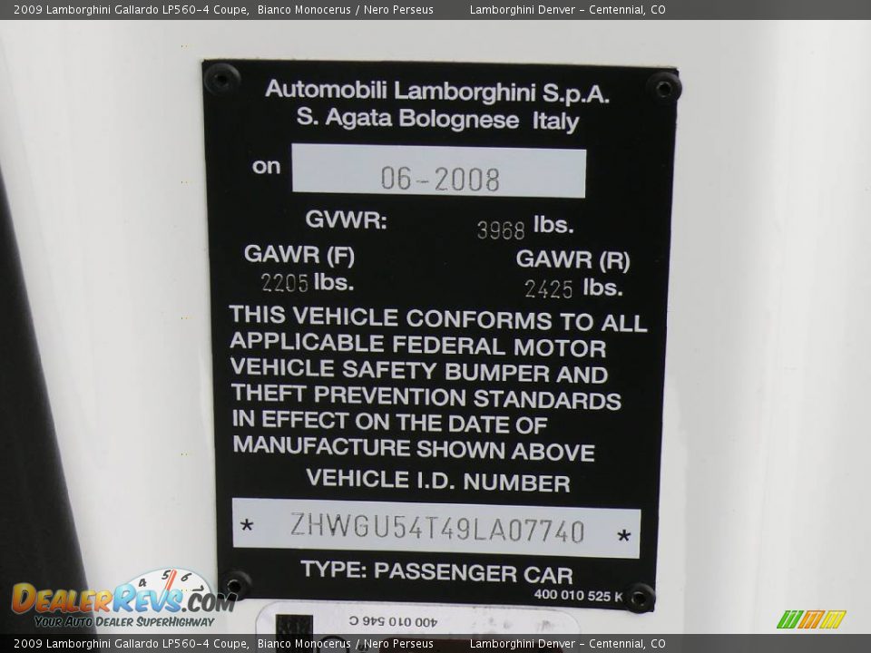 Info Tag of 2009 Lamborghini Gallardo LP560-4 Coupe Photo #35