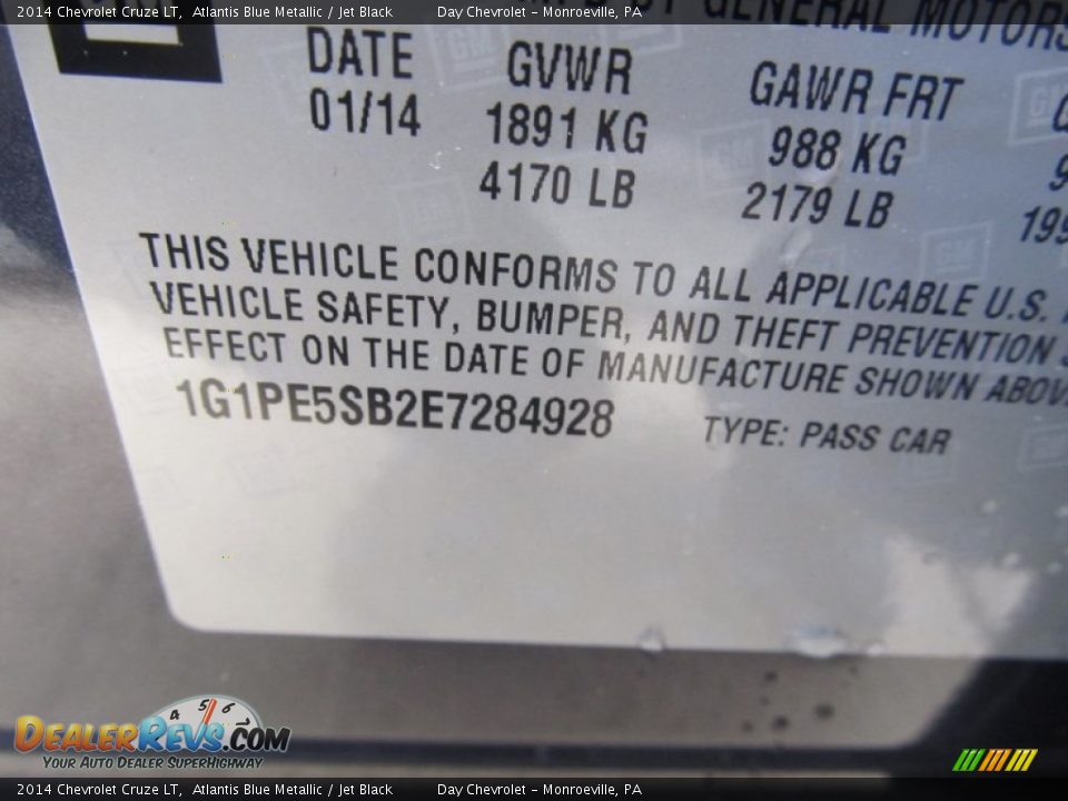 2014 Chevrolet Cruze LT Atlantis Blue Metallic / Jet Black Photo #19
