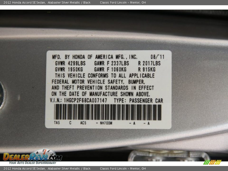 2012 Honda Accord SE Sedan Alabaster Silver Metallic / Black Photo #21