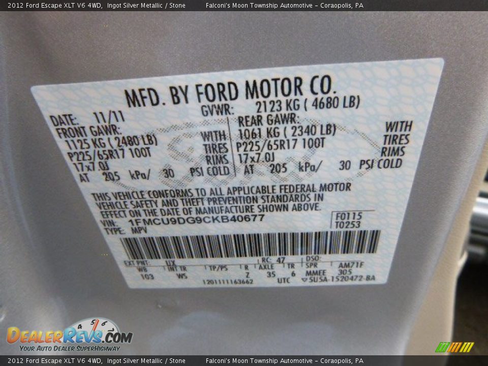 2012 Ford Escape XLT V6 4WD Ingot Silver Metallic / Stone Photo #24