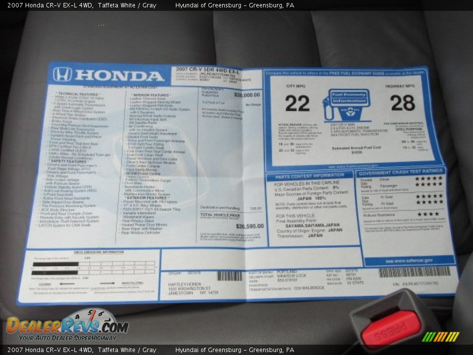 2007 Honda CR-V EX-L 4WD Taffeta White / Gray Photo #23