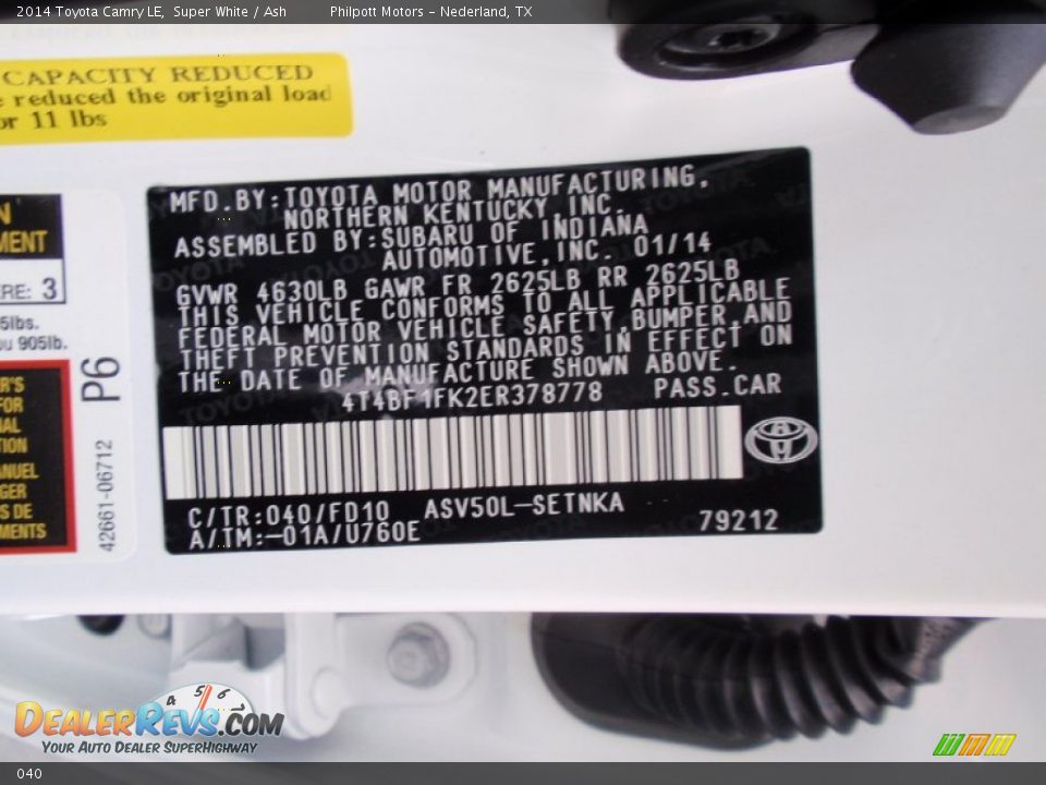 Toyota Color Code 040 Super White