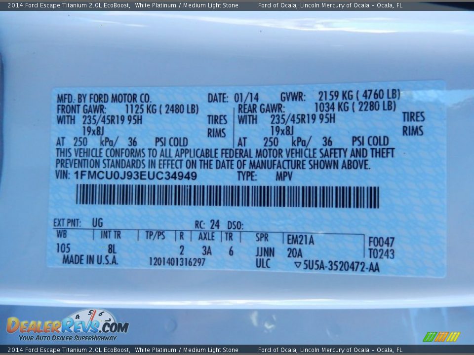 2014 Ford Escape Titanium 2.0L EcoBoost White Platinum / Medium Light Stone Photo #13