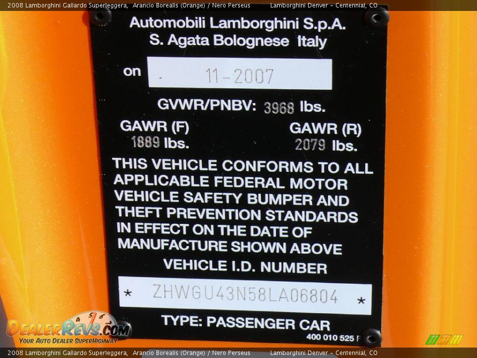 Info Tag of 2008 Lamborghini Gallardo Superleggera Photo #33