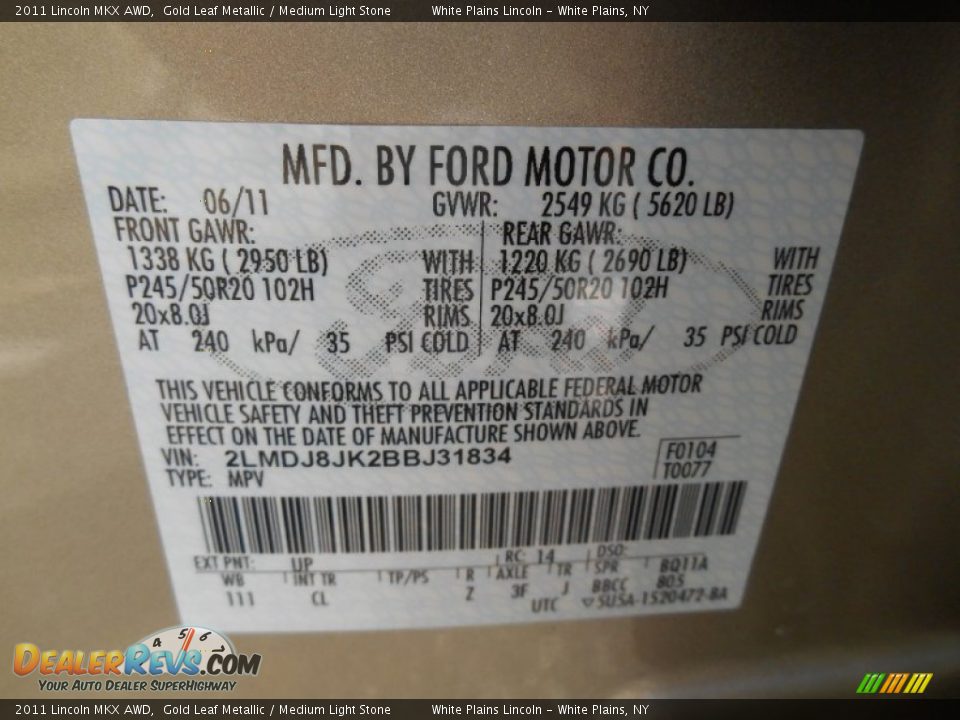2011 Lincoln MKX AWD Gold Leaf Metallic / Medium Light Stone Photo #21
