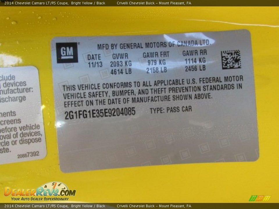 2014 Chevrolet Camaro LT/RS Coupe Bright Yellow / Black Photo #20