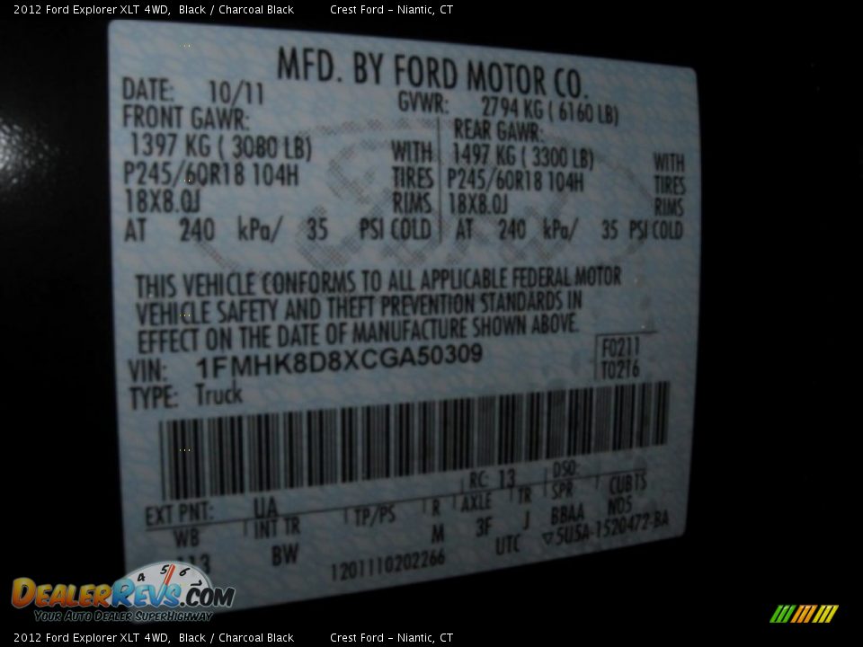 2012 Ford Explorer XLT 4WD Black / Charcoal Black Photo #14