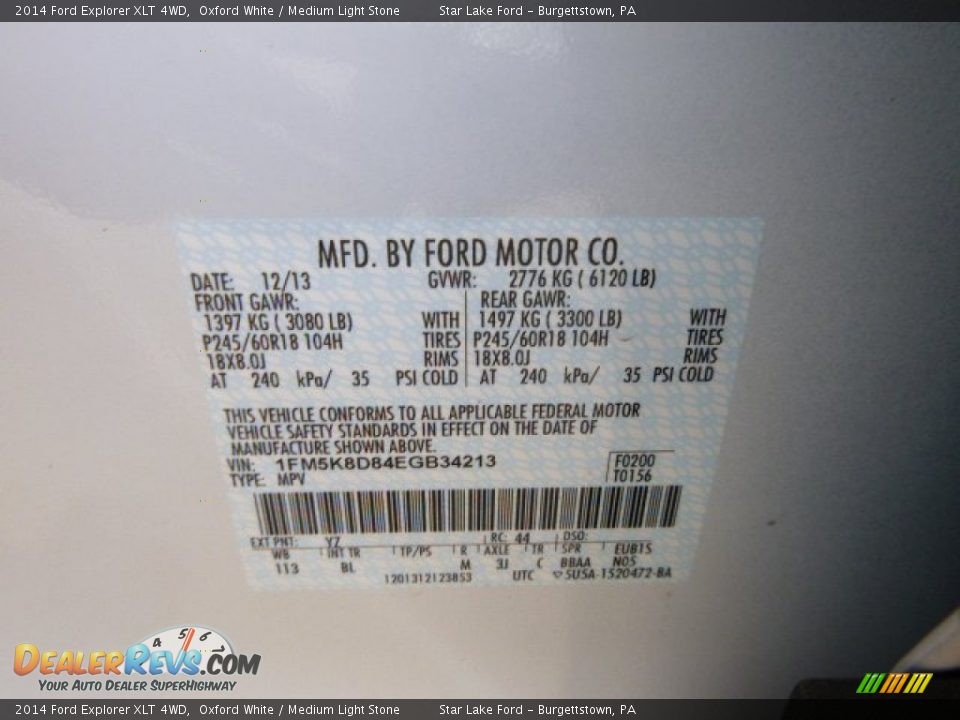 2014 Ford Explorer XLT 4WD Oxford White / Medium Light Stone Photo #20