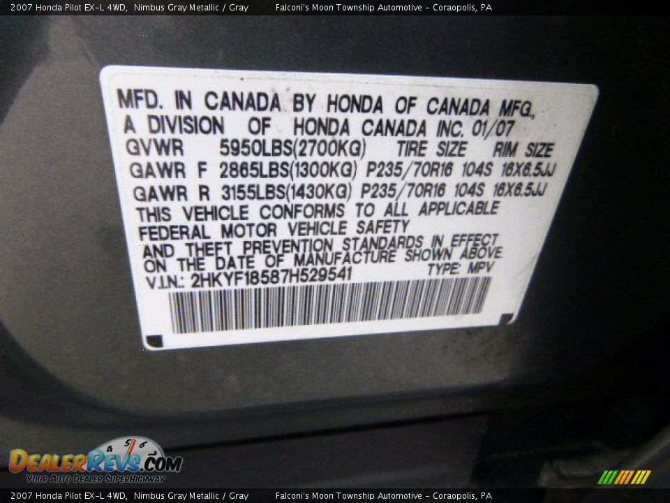 2007 Honda Pilot EX-L 4WD Nimbus Gray Metallic / Gray Photo #24