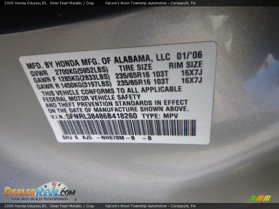 2006 Honda Odyssey EX Silver Pearl Metallic / Gray Photo #24