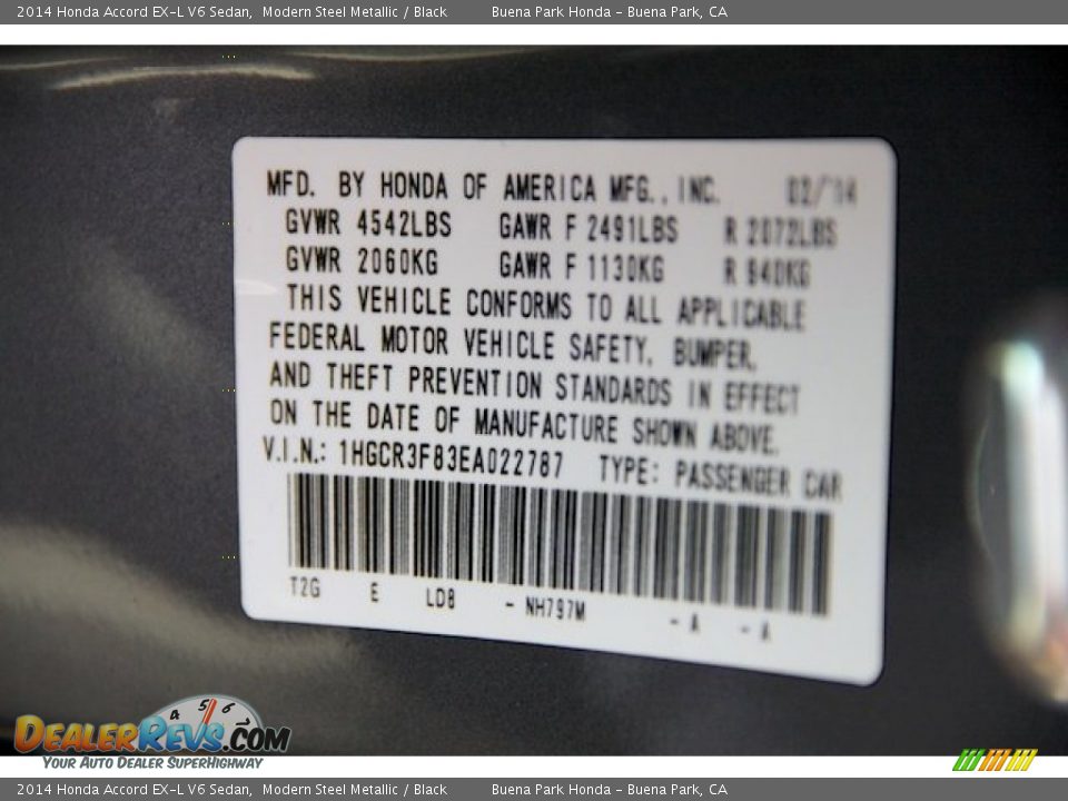 2014 Honda Accord EX-L V6 Sedan Modern Steel Metallic / Black Photo #22