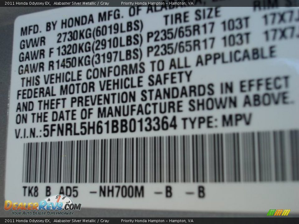 2011 Honda Odyssey EX Alabaster Silver Metallic / Gray Photo #33